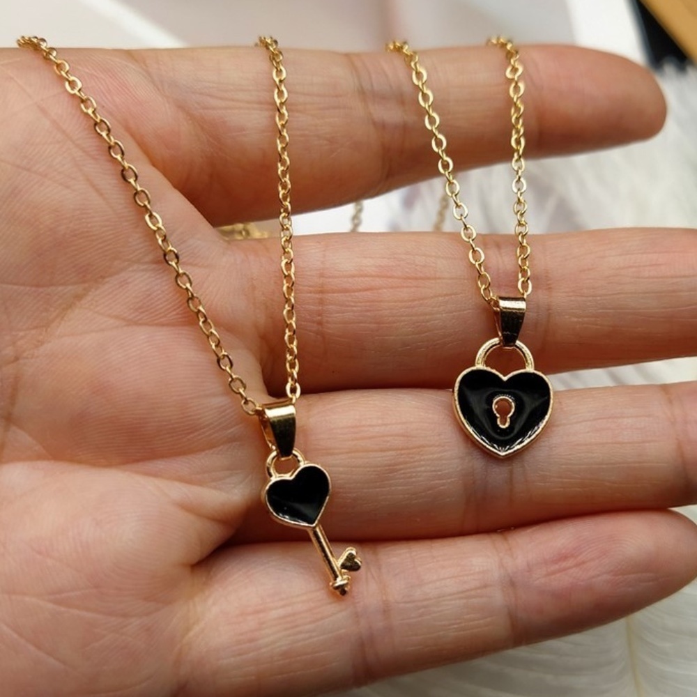 *CARYS* 2-Pc Gold x Black Heart Lock & Key Fashion Necklace Set